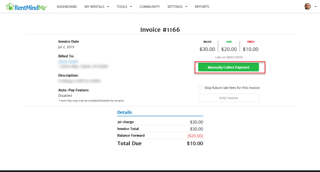 A rent invoice from RentMindMe.com