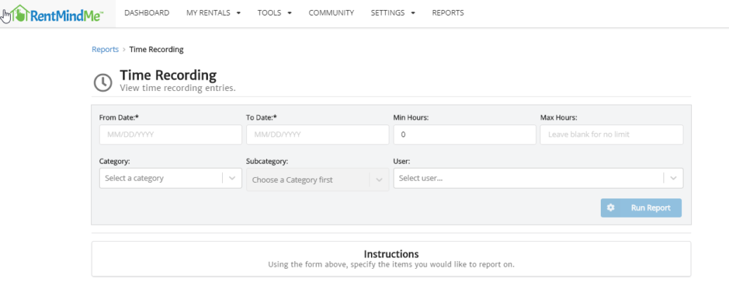 Time Recording Report in RentMIndMe.com