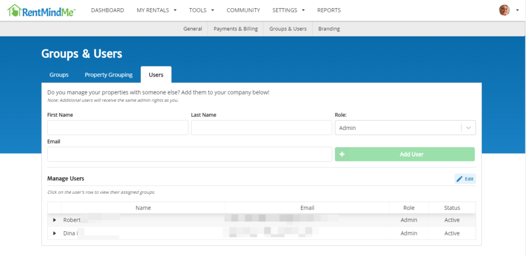 RentMindMe.com user tab within Settings