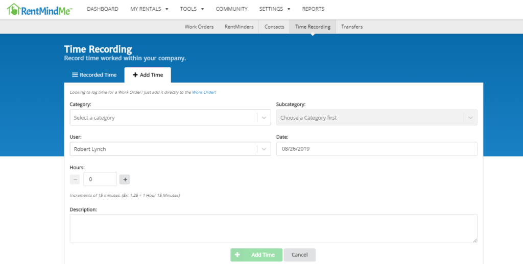 Time Entry form in RentMindMe.com